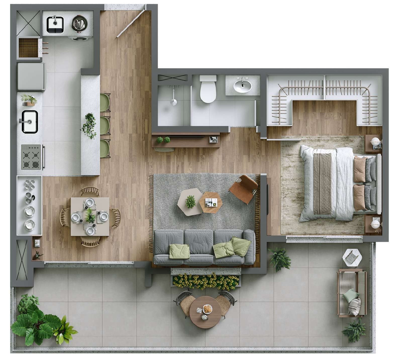 Planta — 1 dormitório com terraço (62,68 m²)