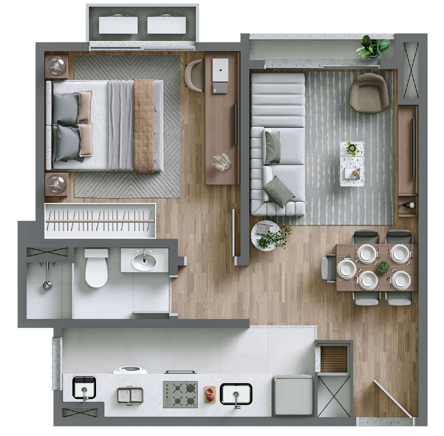 Planta — 1 dormitório (41,69 m²)