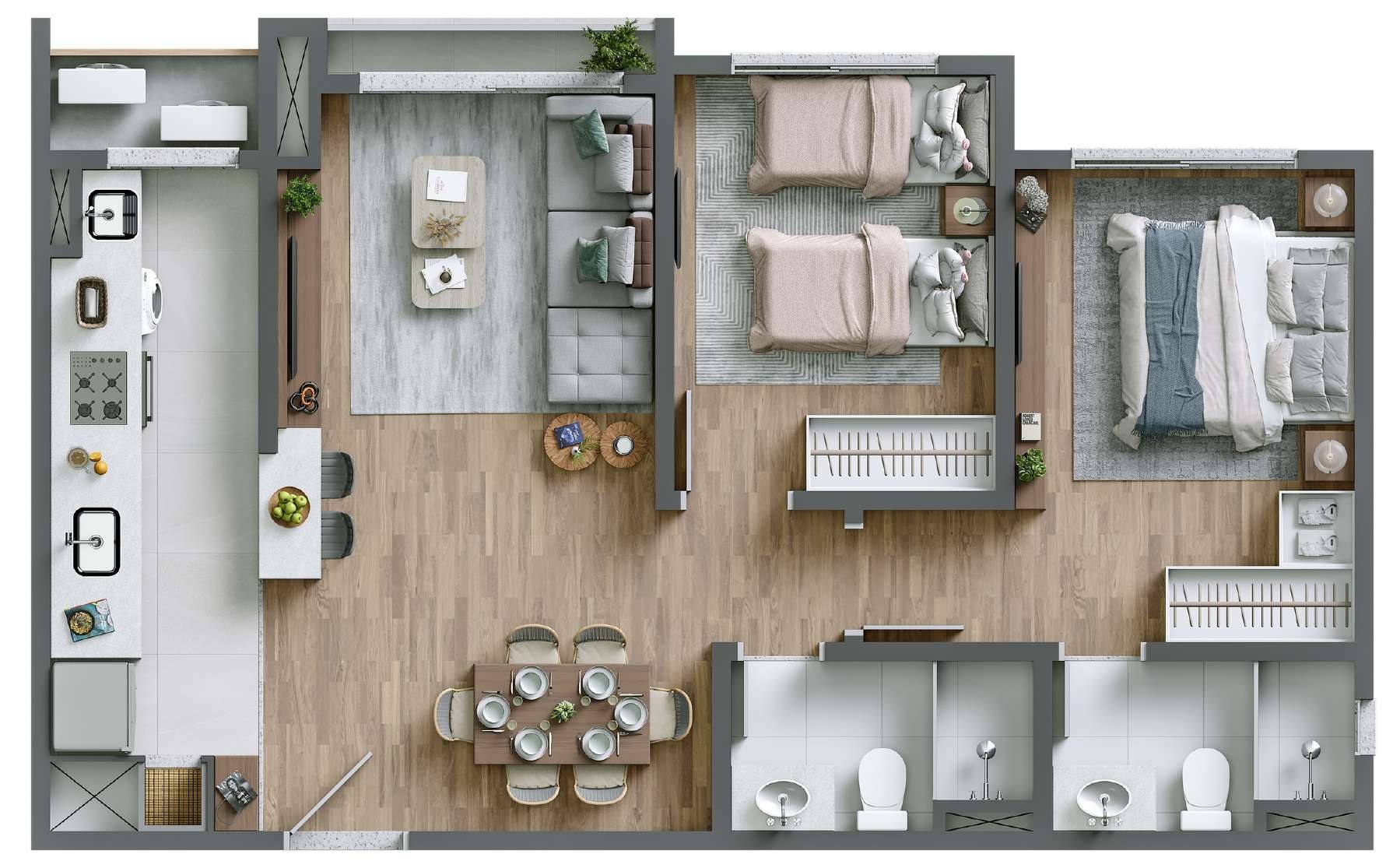 Planta — 2 dormitórios com terraço (80,98 m²)