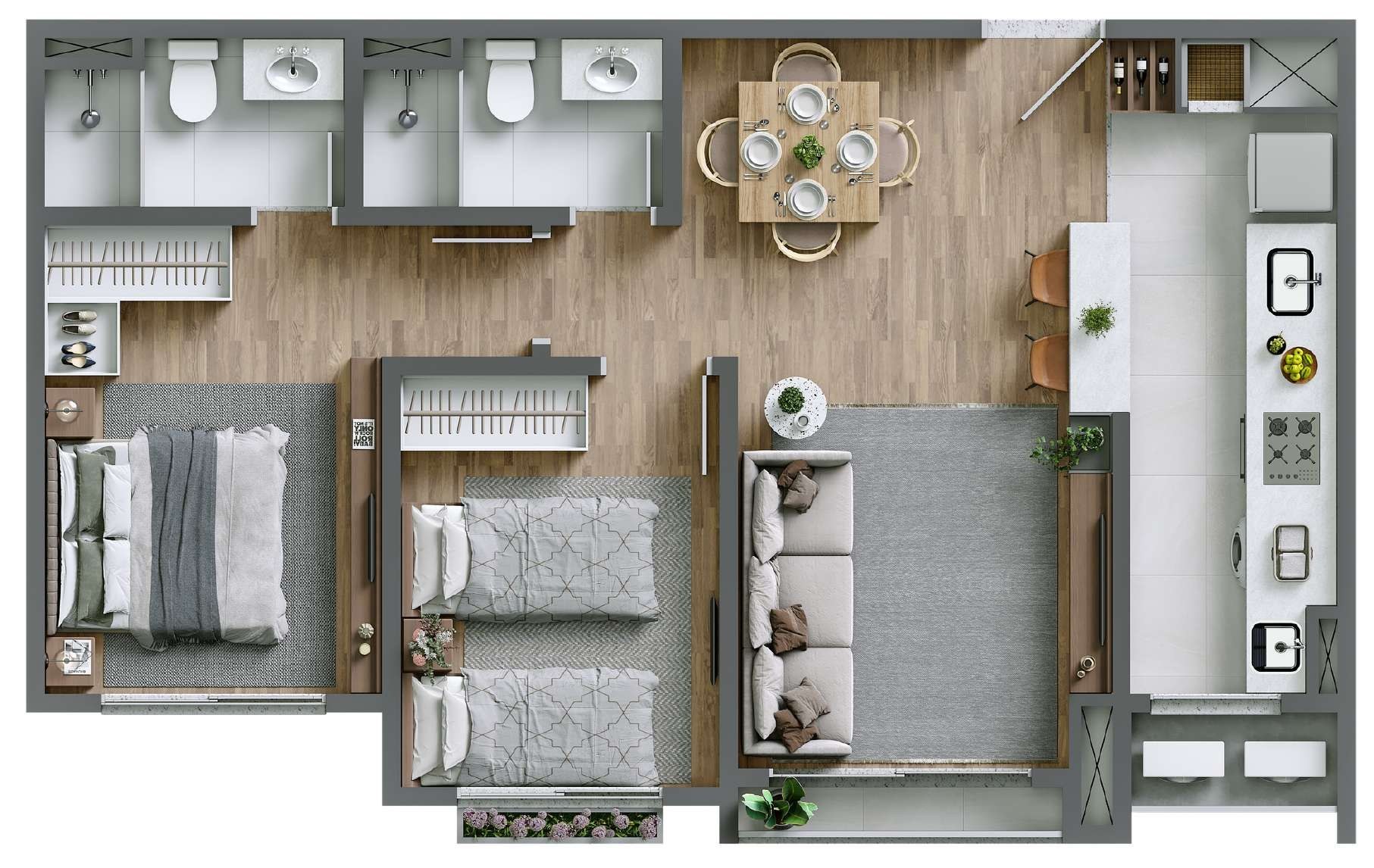 Planta — cobertura de 3 suítes (133,10 m²)