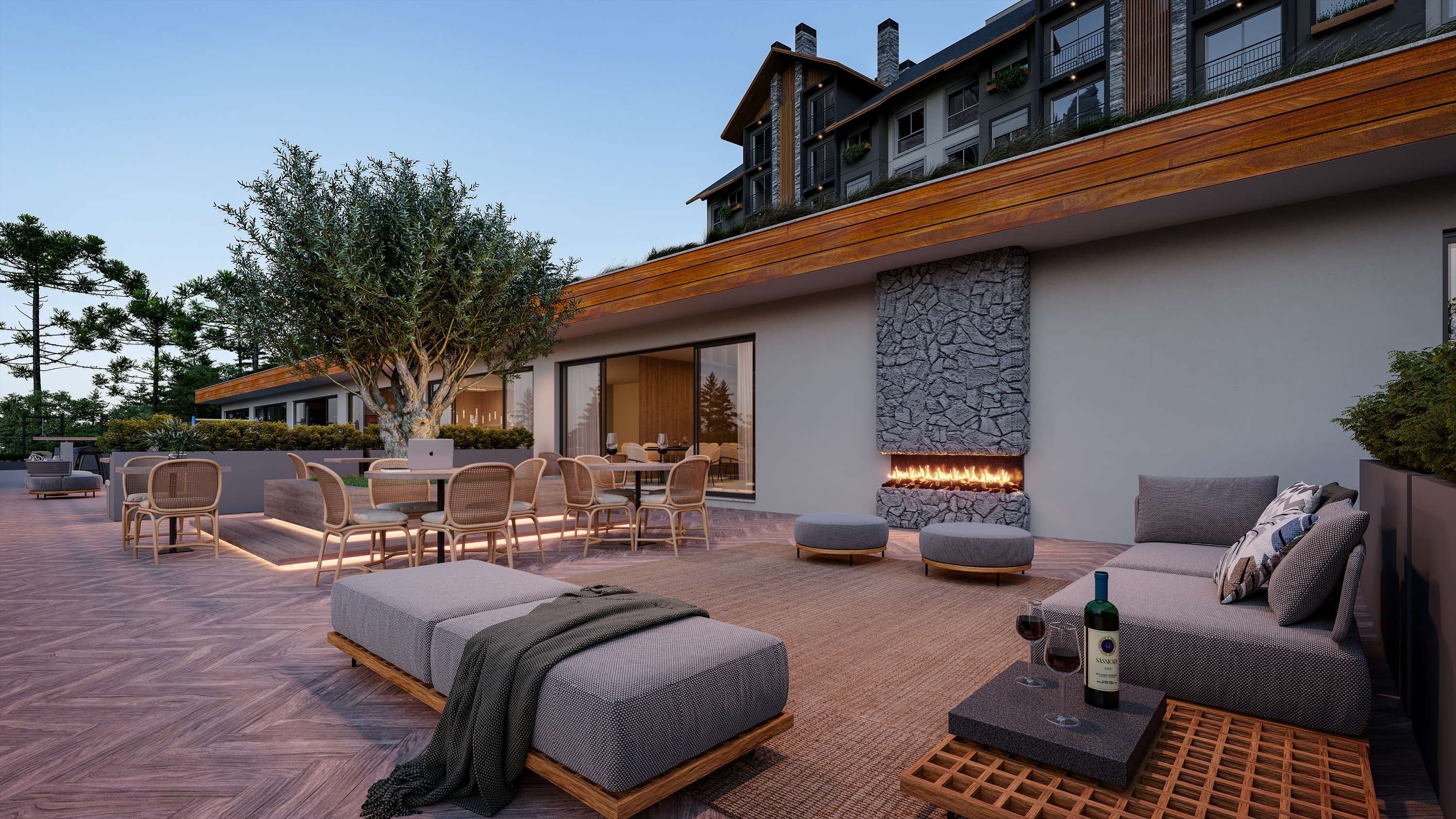 Terraço garden com lareira externa